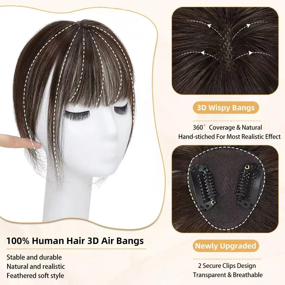 Cabelo feminino com clip air bangs, peças 100% de cabelo humano, estilo francês, 3D