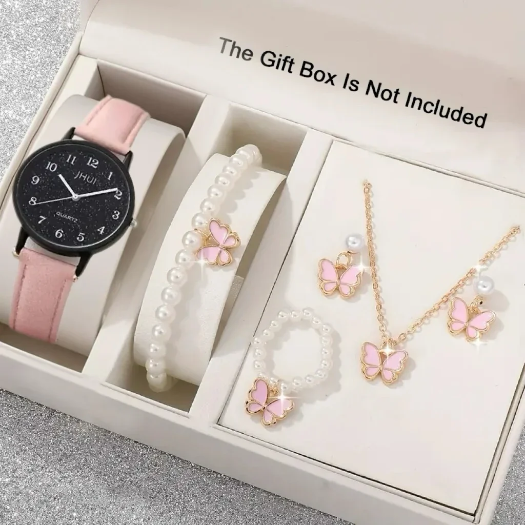 6pcs Elegant round dial pointer quartz watch and women's watch and gift accessory set for the college