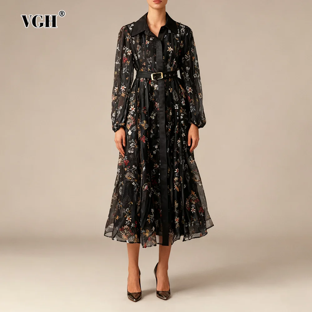 

VGH Retro French Floral Dresses for Women Lapel Long Sleeve Patchwork Belt High Waisted Sheer Mesh Dress Female 2026 Spring New