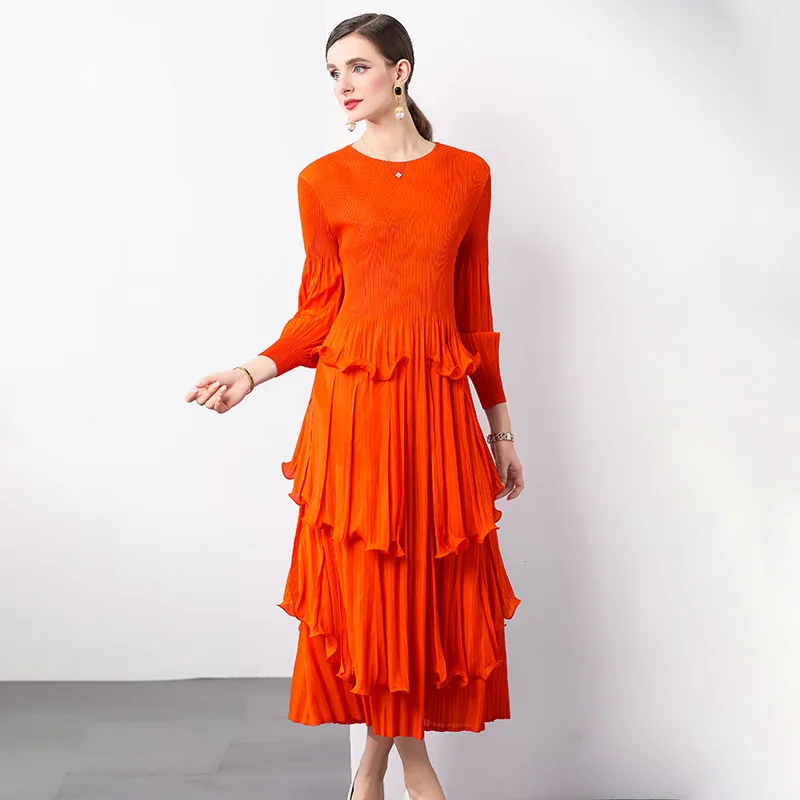 Miyake Heavy Industries Fungus Edge Design Lantern Sleeves Long Sleeves Round Neck Medium and Long Dress Pleated Women's Dress