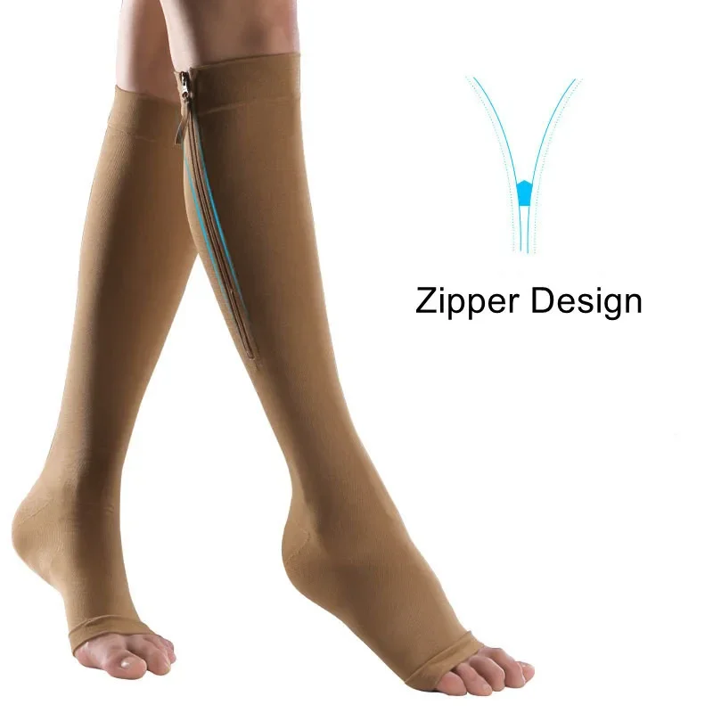 2pcs 20-30 mmHg Anti Embolism Stockings Zipper Calf Compression Sleeve with Open Toe for for Shin Splint Varicose Vein Men Women