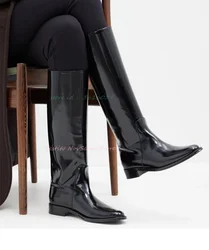 Black Patent Leather Knight Boots Round Toe Low Block Heels Slip On Classic Autumn Sexy Ladies Dress Daily Casual Knee High Boot