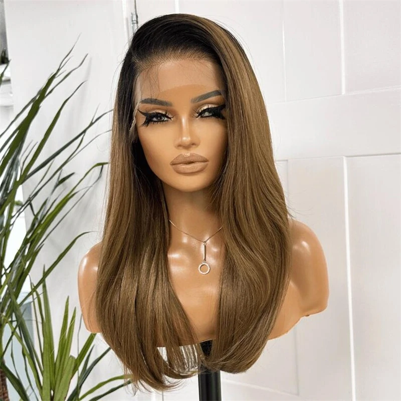 Glueless Preplucked Hairline 13x4 Ombre Warm Brown HD Lace Front Wig Synthetic Hair Wig Soft Wave Wig Heat Resistant Fiber 18''