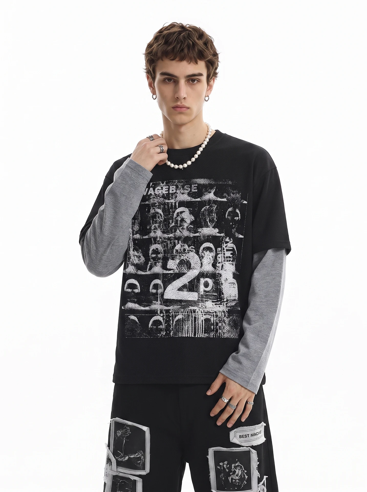 American High Street Printed Color Block Long Sleeve T-Shirt Men's Vintage Loose Fake Two-Piece Top Youth Fashion Home Daily ...