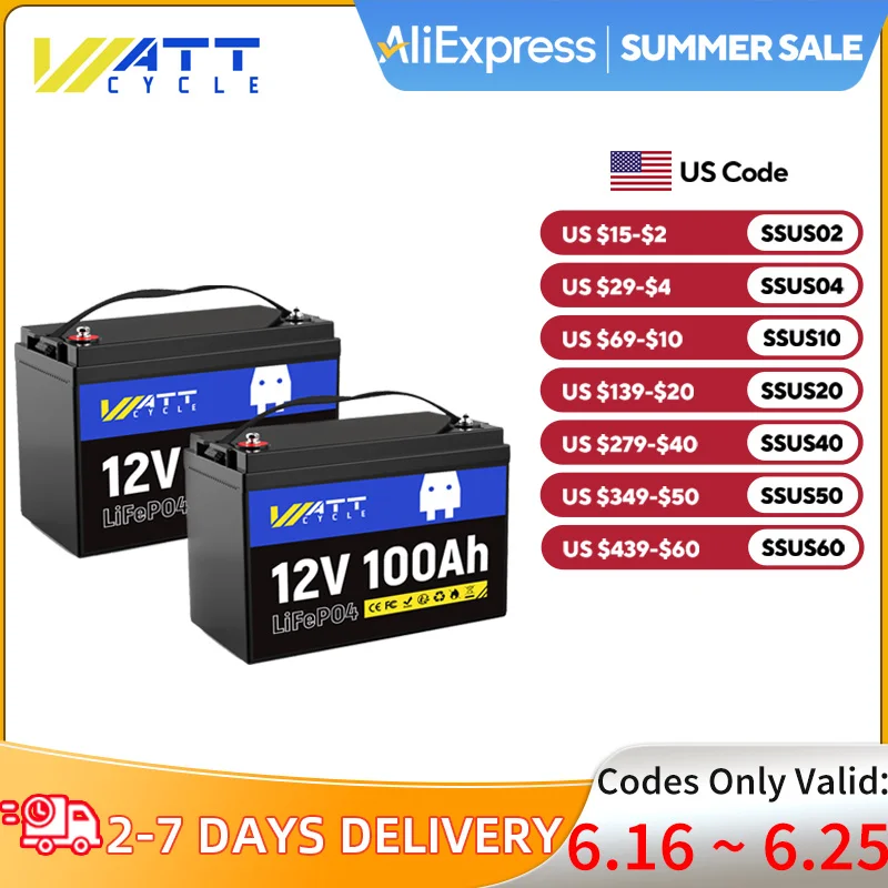 WattCycle LiFePO4 Battery 12V 100Ah 2 PACK Grade A+ Cells With BMS 100A Series or Parallel Connection Lithium Battery Packs