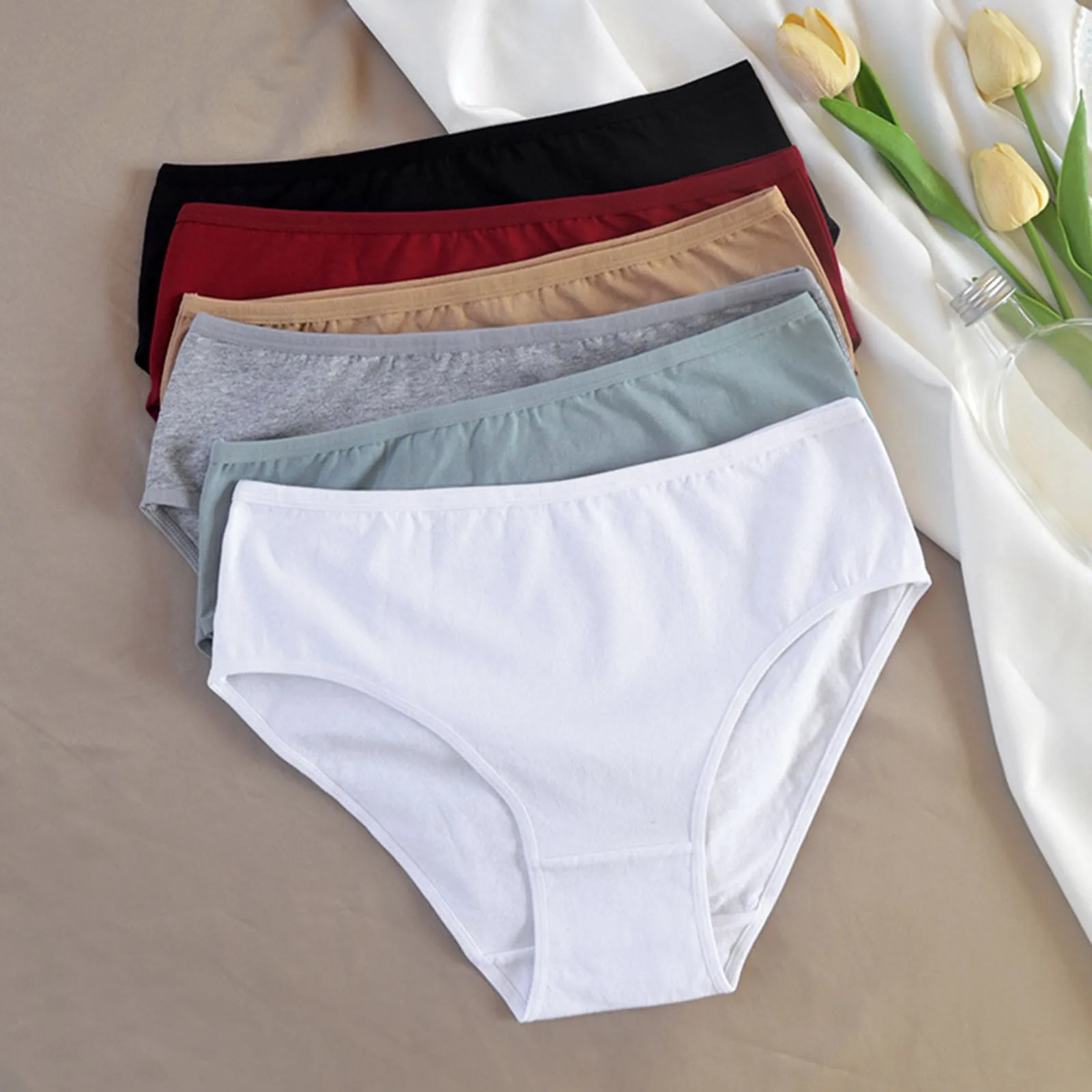 Women\'s Basic Panties Sexy High Waist Cotton Underwear Solid Color Briefs Underwear Support Underwear for Women Mid Waist