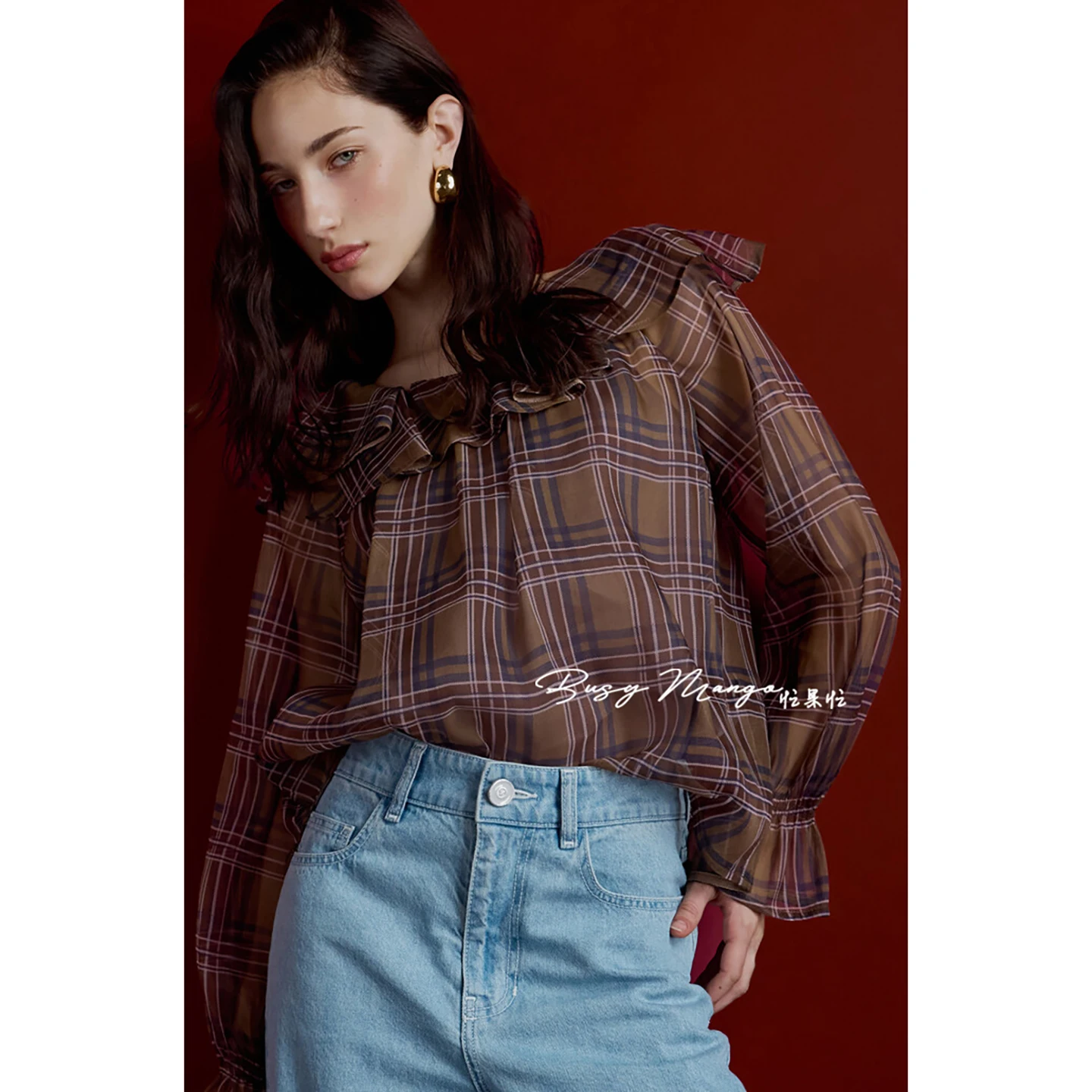

Retro Korean Plaid irt round Ne Gored Hem Commute Versatile Personali Small irt Pure Cotton Skin-friendly Breathable