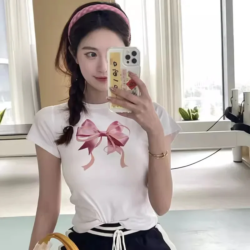 Korean Fashion Brand RONRON Short Sleeve T-Shirt Women's Top with Bow Design Cotton Crew Neck Tee for Lisa Chouzhi Jisun Jennie