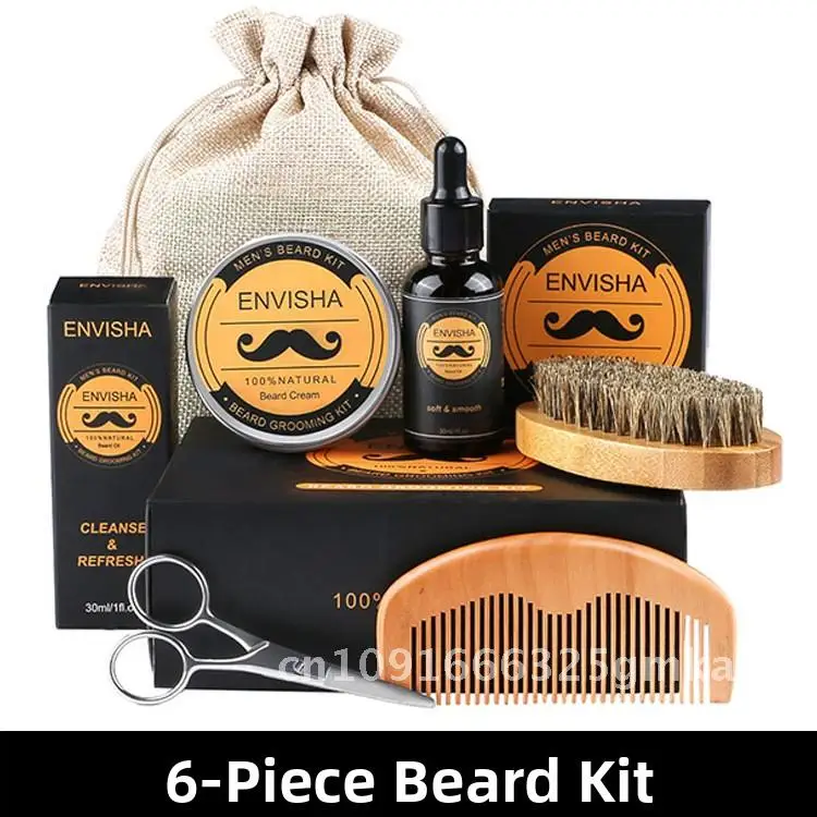 

Men's Beard Care Kit - 6-Piece Set with Oil Cream Comb Brush Scissors - Beard Maintenance Tools for Any Skin Type