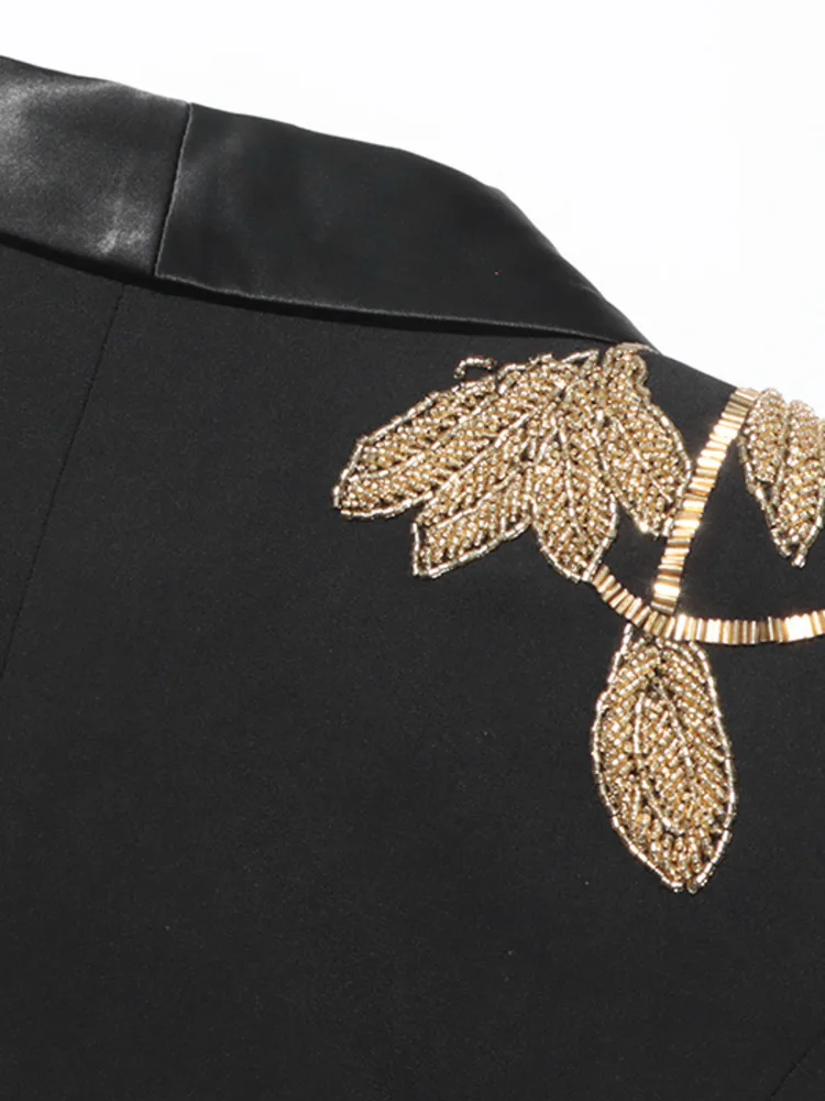 High Quality Women's Blazer With Gold Floral Embroidery Chic Formal Two Piece Set Stylish Coat And Flared Trousersкостюм