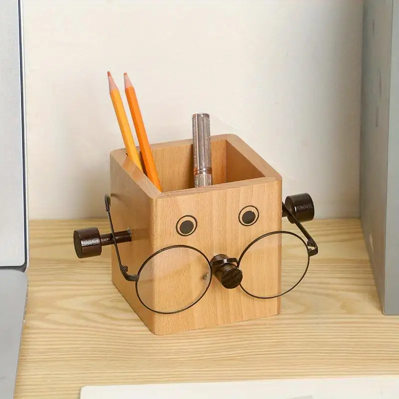 Multi Functional Wooden Pen Holder with Eye Shape Glasses Display and Makeup Brush Holder