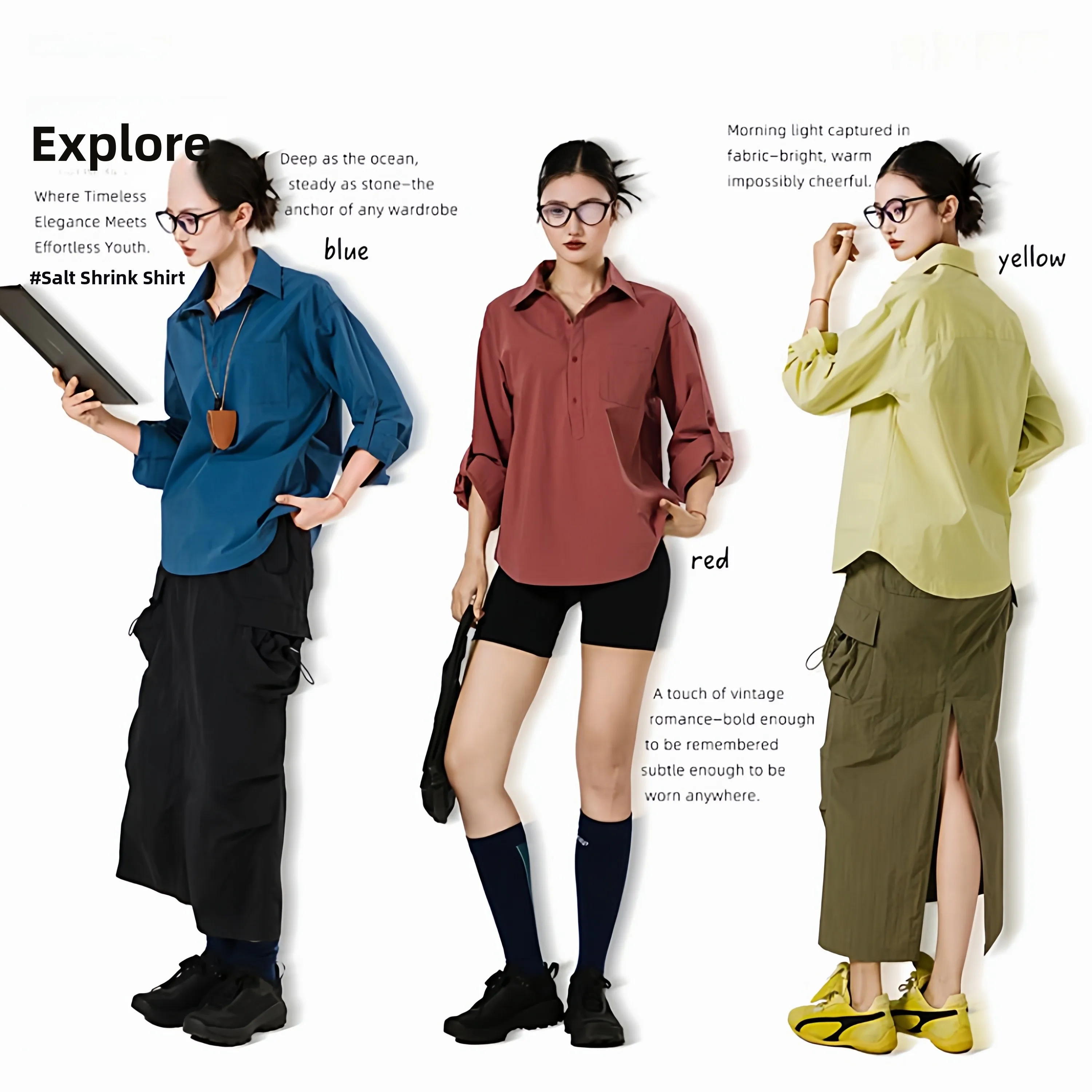 

Comfortable Loose Fit Long Sleeve Shirt Men Women Spring Summer Half Open Collar No Ironing Required Salt Shrink Pleated Process