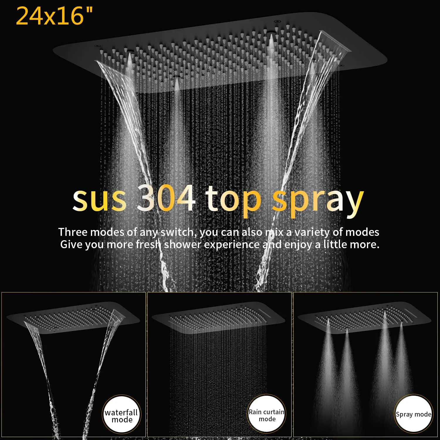 Matte Black 16x24 Inch Rain Waterfall Rainfall Mist Shower Faucet Set Complete Full Body Thermostatic Shower System Sets