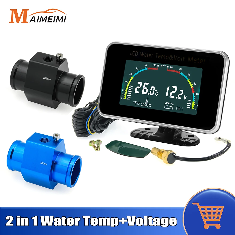 

2 in 1 LCD Digital Water Temperature + Voltmeter Gauge With Water Temp Sensor for 12V 24V Car Truck Vehicles Car Accessories
