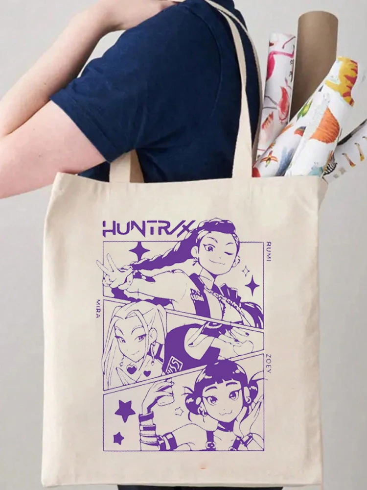 

Холщовая сумка HUNTRIX K-pop Demon, холщовая сумка-тоут с рисунком аниме, многоразовая женская сумка для покупок, пляжная сумка, подарок для путешественников