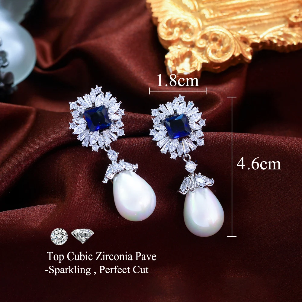 CWWZircons Sparkling Dark Blue Cubic Zirconia Dangling Drop Pearl Long Wedding Banquet Engagement Party Earrings for Women CZ982