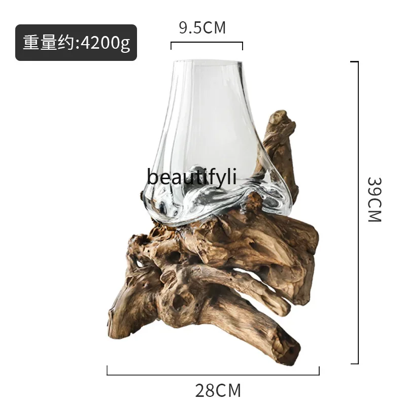 Modern Minimalist Floor Glass Vase Wood Root Carving Decoration Sample Room Soft Decoration  High-End Decoration Fish Tank