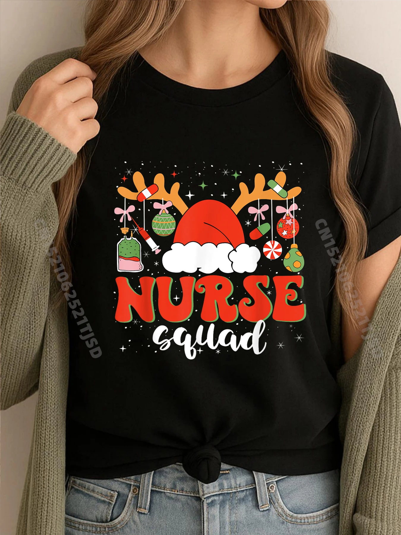 

Christmas Lights Nurse Squad Cute Santa Hat Xmas Er Rn Green And White Graphic T Shirt Autumn Shirts For Woman Tshirt