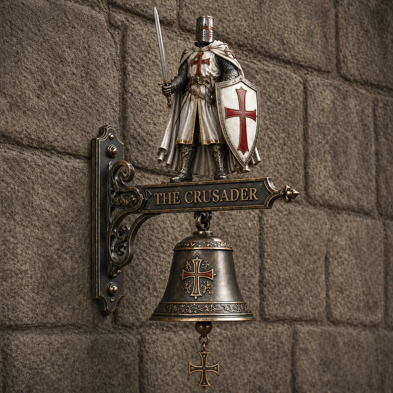 Medieval Templar Knight Wall Bell Gothic Crusader Statue Doorbell with Cross Pull Chain Vintage Bronze Style Retro Home Decorati
