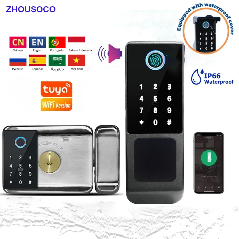 IP66 Waterproof Tuya Wifi Fingerprint Smart Door Lock Outdoor Gate TTLock Bluetooth Password Card Electronic Rim Lock For Home