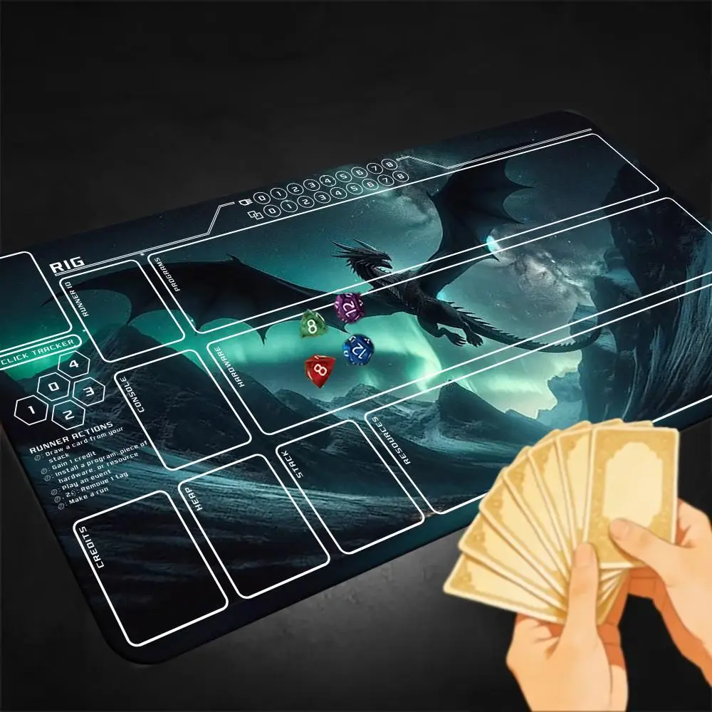 Aurora Black Dragon TCG Playmat With Printed Zones, Northern Lights Mountain Fantasy Trading Card Game Mat Non-Slip Rubber