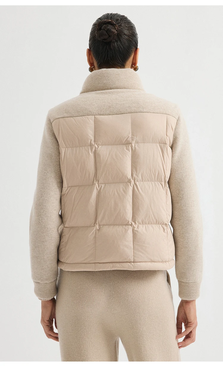 BD3621736 Women's Pure Wool Knit Hybrid Goose Down Jacket Chain Trim Pockets Stand Collar Two-Way Zip Old Money Early Autumn