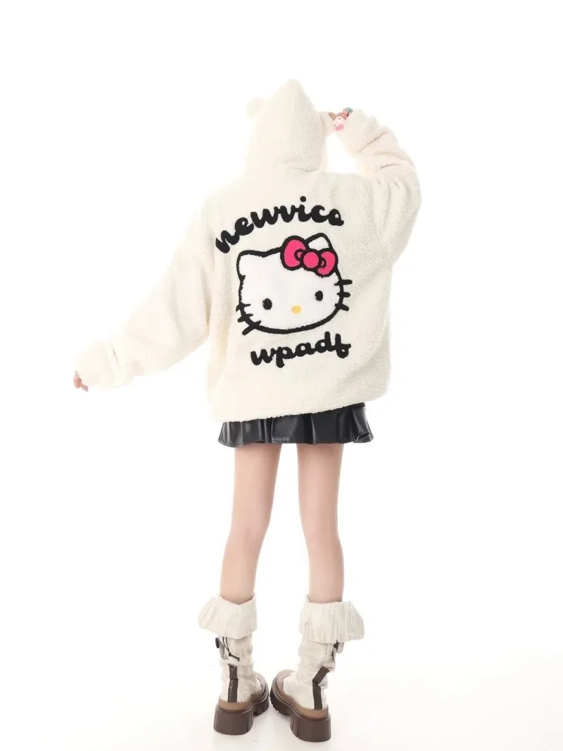 Sanrio Hello Kitty Lamb Wool Zip Up Coat Sweater For Women Winter Cute Thickened Japanese Harajuku Hoodie Y2k Girls Sweatshirt