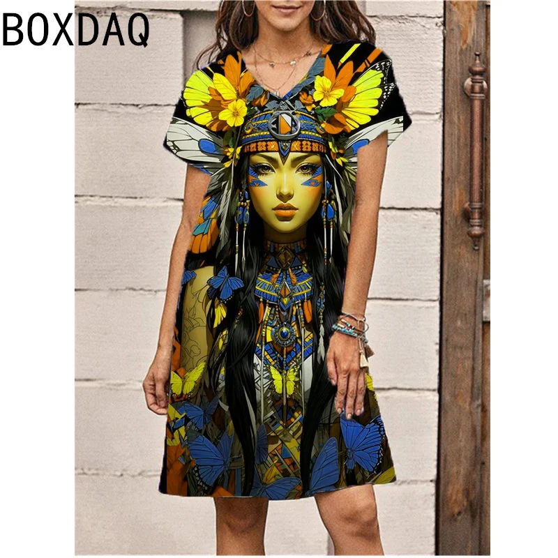 Women Short Sleeve V-Neck A-Line Dress 3D Indian Style Printed Dress Big Size Summer Female Vintage Dress Vestidos