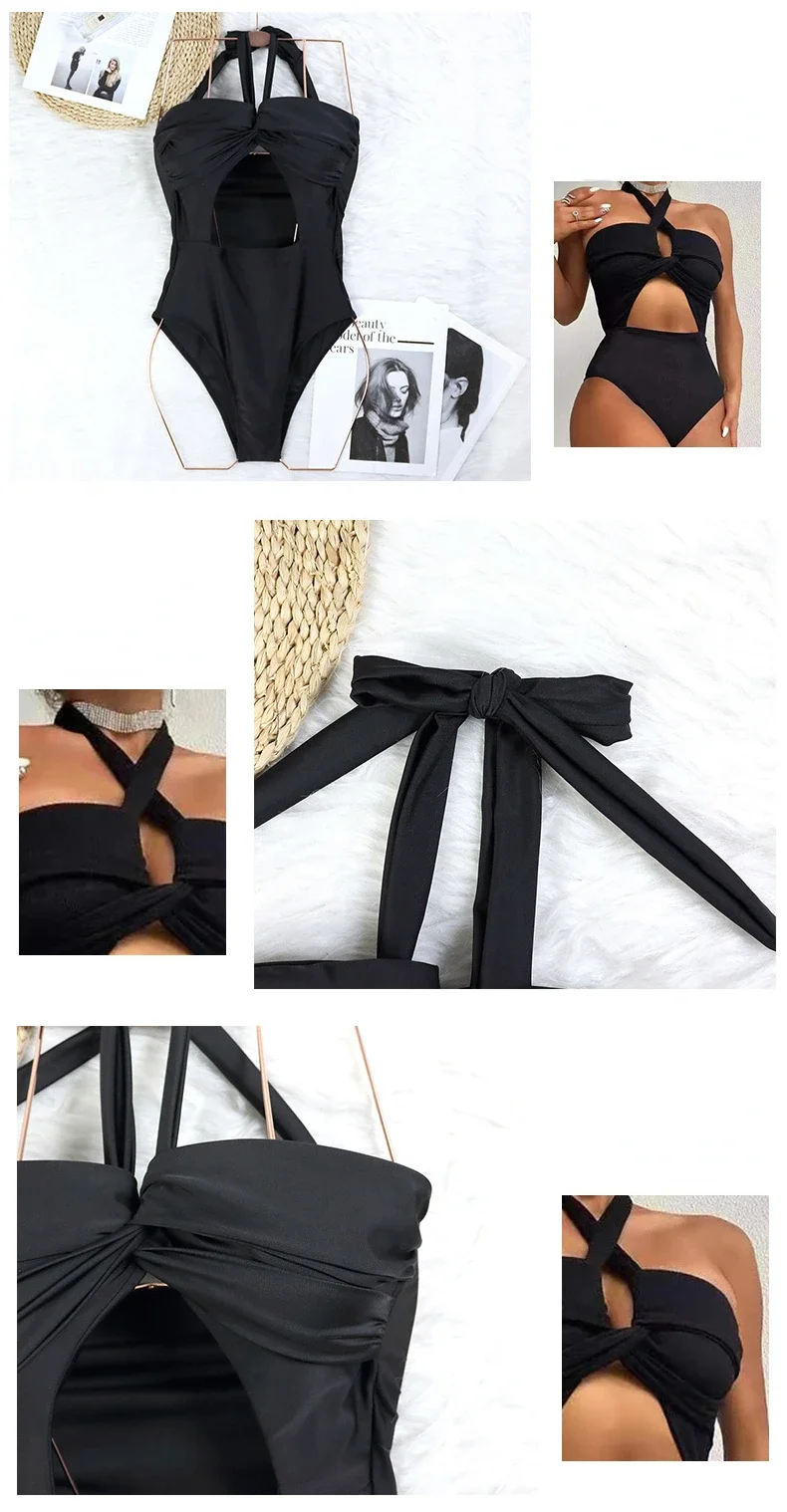 2024 New Sexy One Piece Swimsuit Swimwear Women Hollow Straps Halter High Waist Solid Bathing Suit Beachwear Maio Feminino Praia