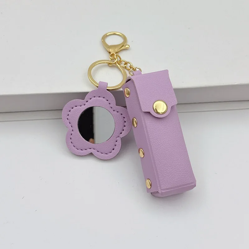 Fashion Leather Keychain with Mirror, Trendy Mini Pouch