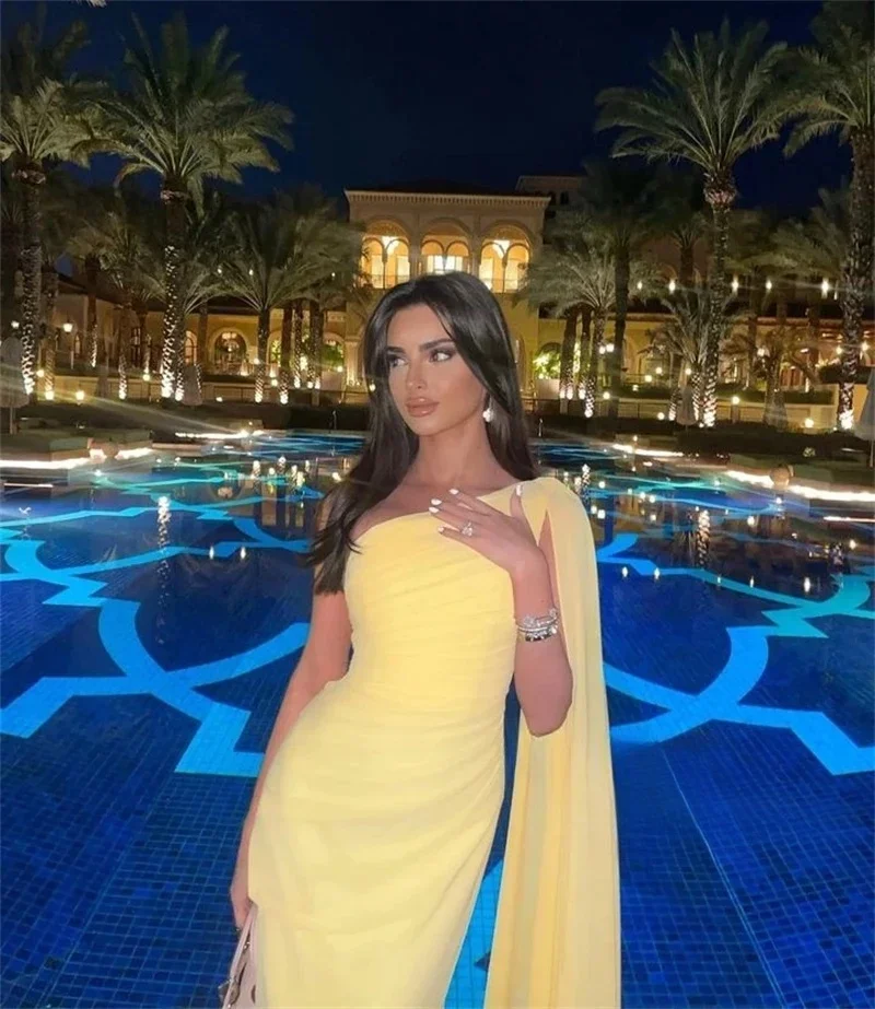 Abito da ballo giallo Jersey unisex Retro monospalla lungo abito da occasione su misura Abiti da sera Dubai Arabia Saudita personalizzato