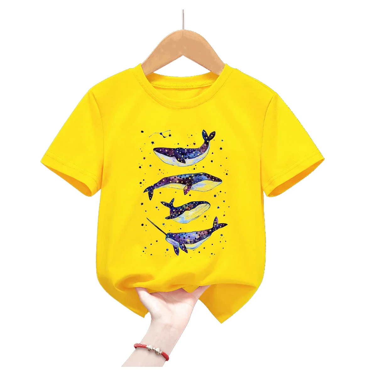 2024 Starry Sky Whale Animal Print Yellow T Shirt Girls/Boys Kawaii Dolphin Tshirt Kids Clothes T-Shirt Children'S Clothing