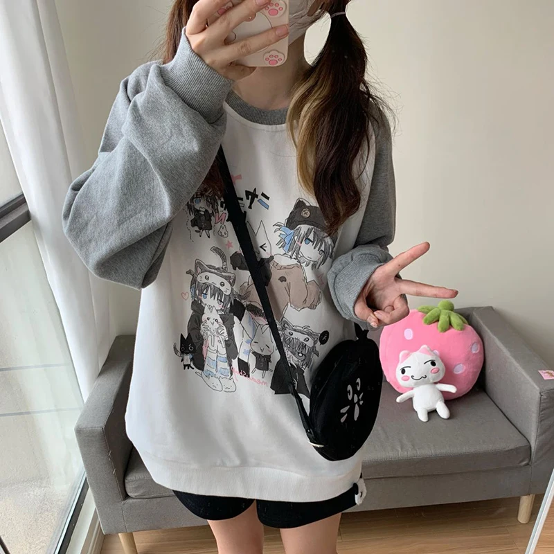 Japanese Kawaii Women T Shirt Fall Cartoon Print Sweet Loose Long Sleeve Tees Harajuku Aesthetic Cute All Match O Neck Tops New