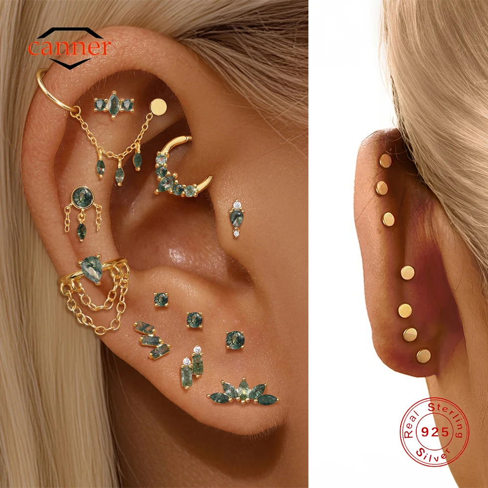 

CANNER 1PC Natural Moss Agate Threaded Puncture Ear Bone Nail 925 Sterling Silver Tassel Geometric Green Moss Piercing Earring