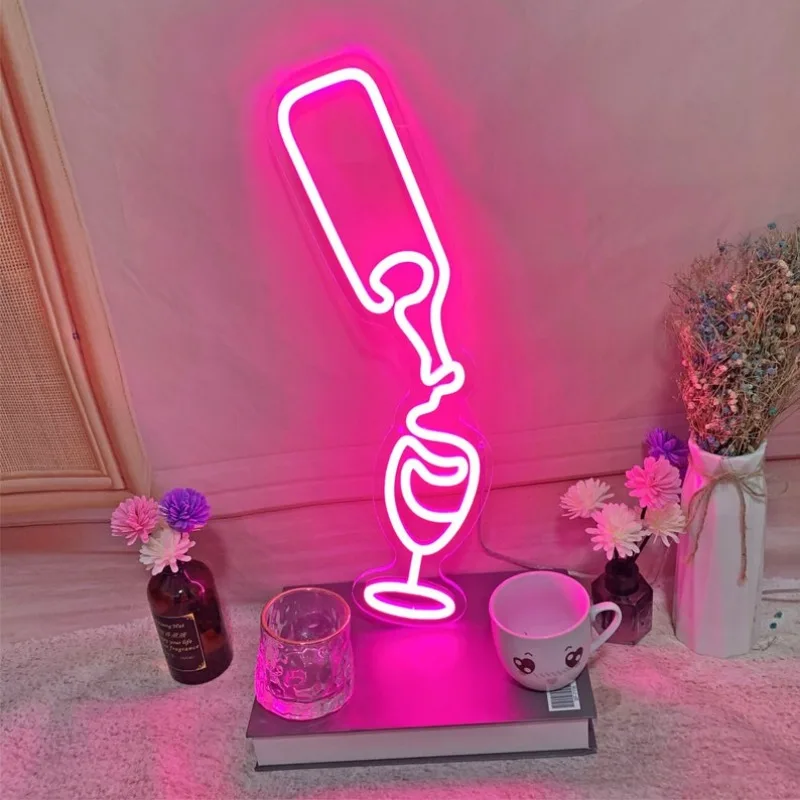 Wine Neon Sign Wine Glass Wall Decor Dimmable LED Neon Lights Bottle Glass Light Up Signs for Birthday Gifts Pub Bistro Man Cave