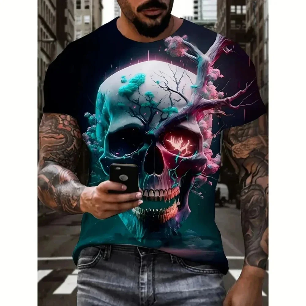 2024 Men's 3D Graffiti Skull Pattern T-shirt, Casual Cool Micro Stretch Breathable T-shirt, Outdoor Summer Men's Wear