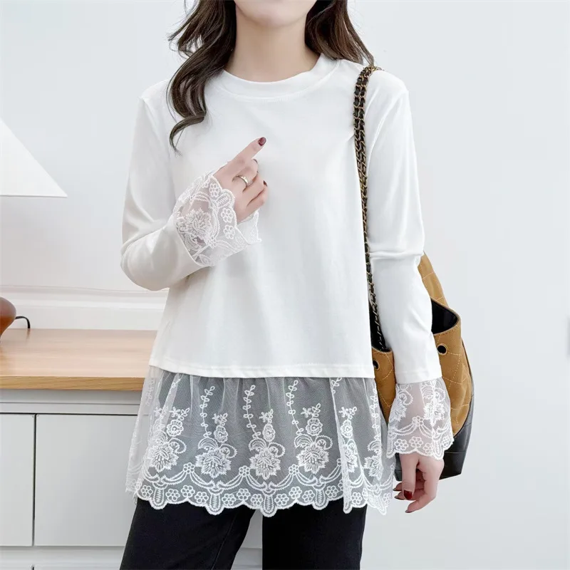 

Женская одежда больших размеров XXXXL: Модная весенняя футболка 2026 с кружевными вставками, длинными рукавами, повседневная, простая, модель 8610