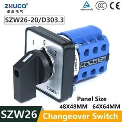 ZHUCO SZW26/LW26-20 1-0-2 3 Position 3 Phase Cam Switches Rotary Switch Changeover Control Switch 64X64 48X48 mm Panel Mount