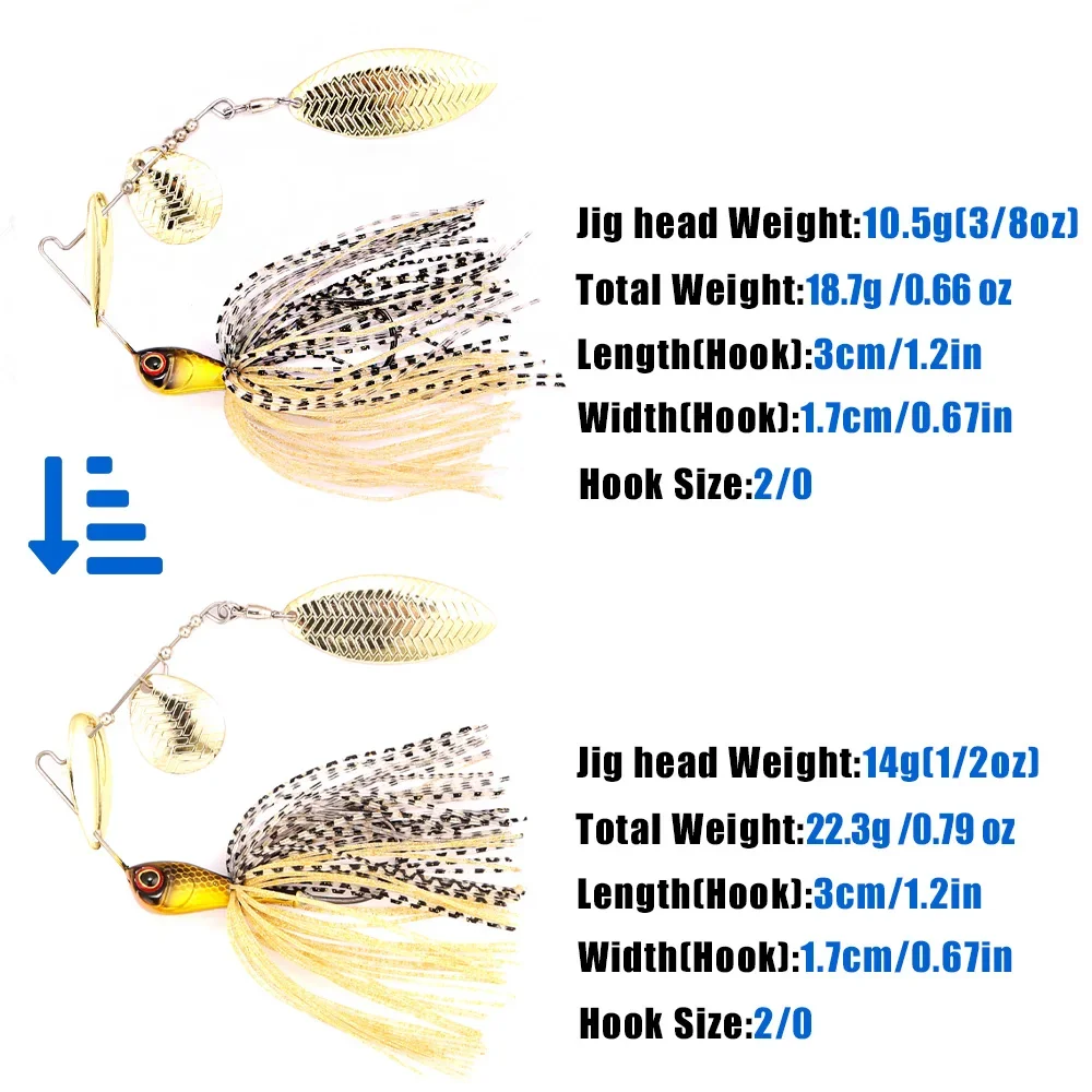B&U Metal Blade Fishing Lure Spinnerbait Colorful Skirt, Freshwater Saltwater Bass Pike Hard Bait Spinner Bait for Predator Fish