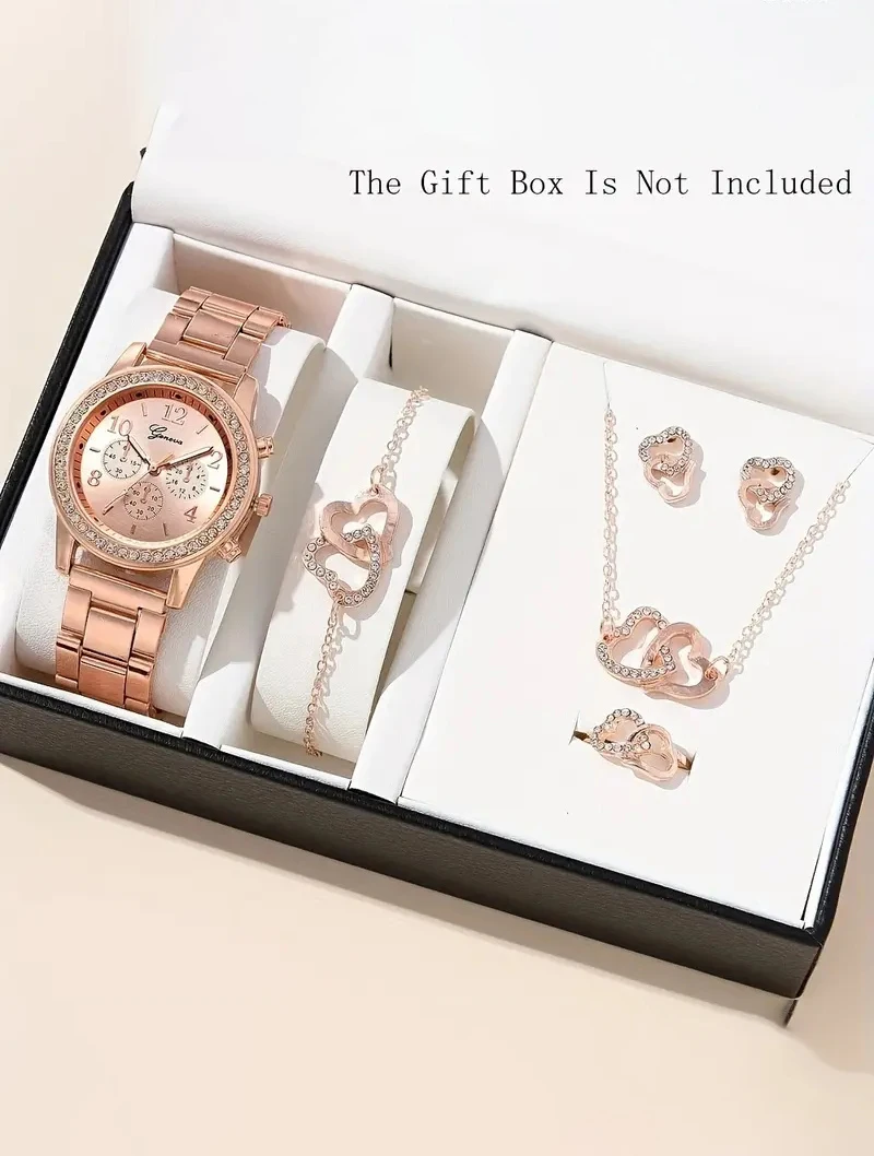 6PCS Rose Gold Luxury Watch Women\'s Ring Necklace Earrings Rhinestone Fashion Watch Casual Women\'s Bracelet Watch set  gift