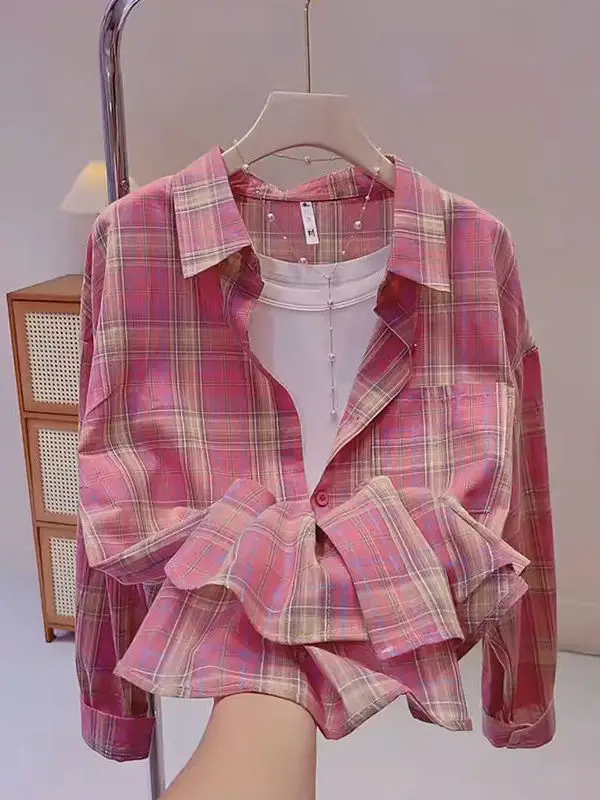 

Summer 2025 Women's Loose Long Sve Plaid Sun Protection irt Thin Design Sense Outerwear Trendy Collar Regular Fit