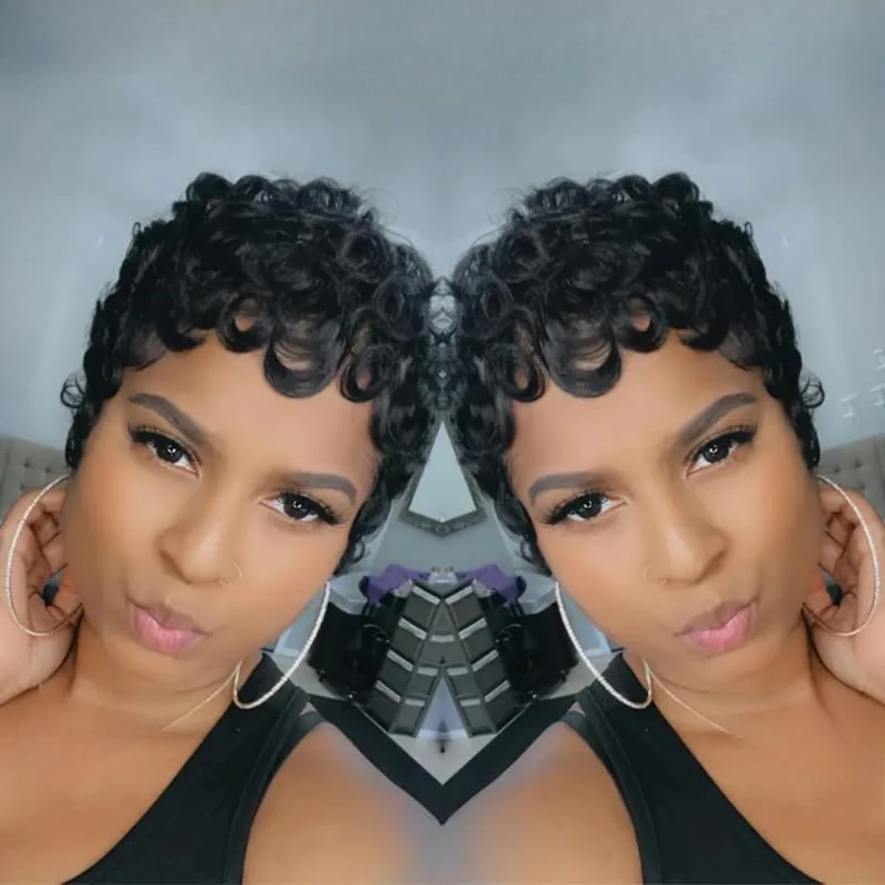 مجعد موجة قصيرة عابث قطع باروكة من شعر طبيعي شعر ريمي خصلات الشعر المستعار الإنسان مع الانفجارات شعر مستعار كامل آلة صنع شعر مستعار