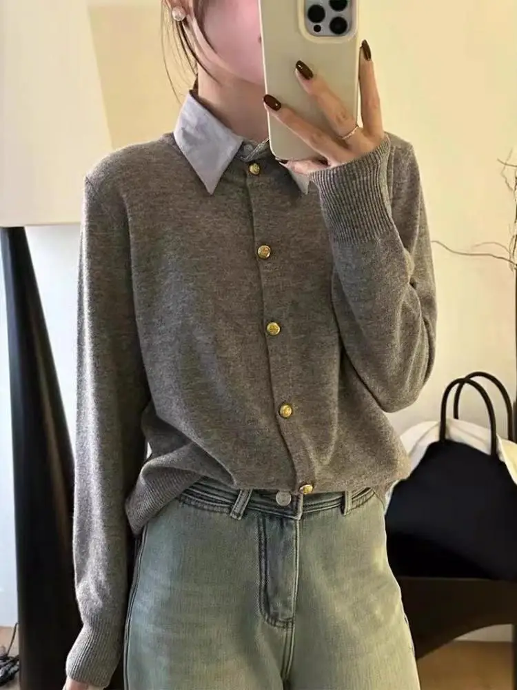 

Autumn Winter Korean Patchwork Elegant Long Sleeve Knitted Sweater Fashion Women's Single Breasted Holiday Cardigan Tops Trendy