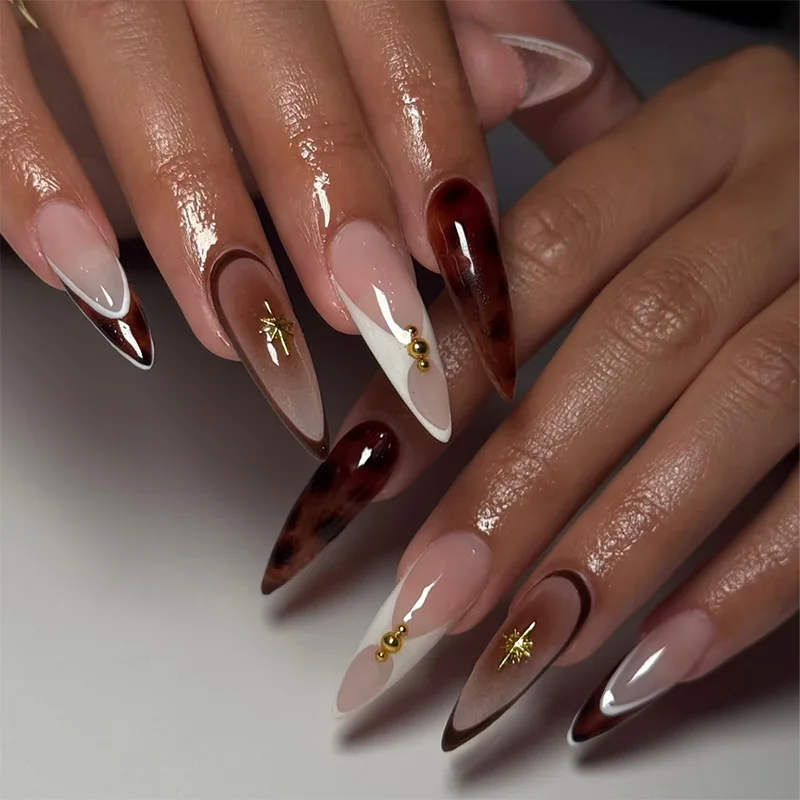 

24pcs Long Stiletto Leopard Print Nails Sets Press on Brown Smudge Fake Nails Tips Finished French Reusable Almond False Nail