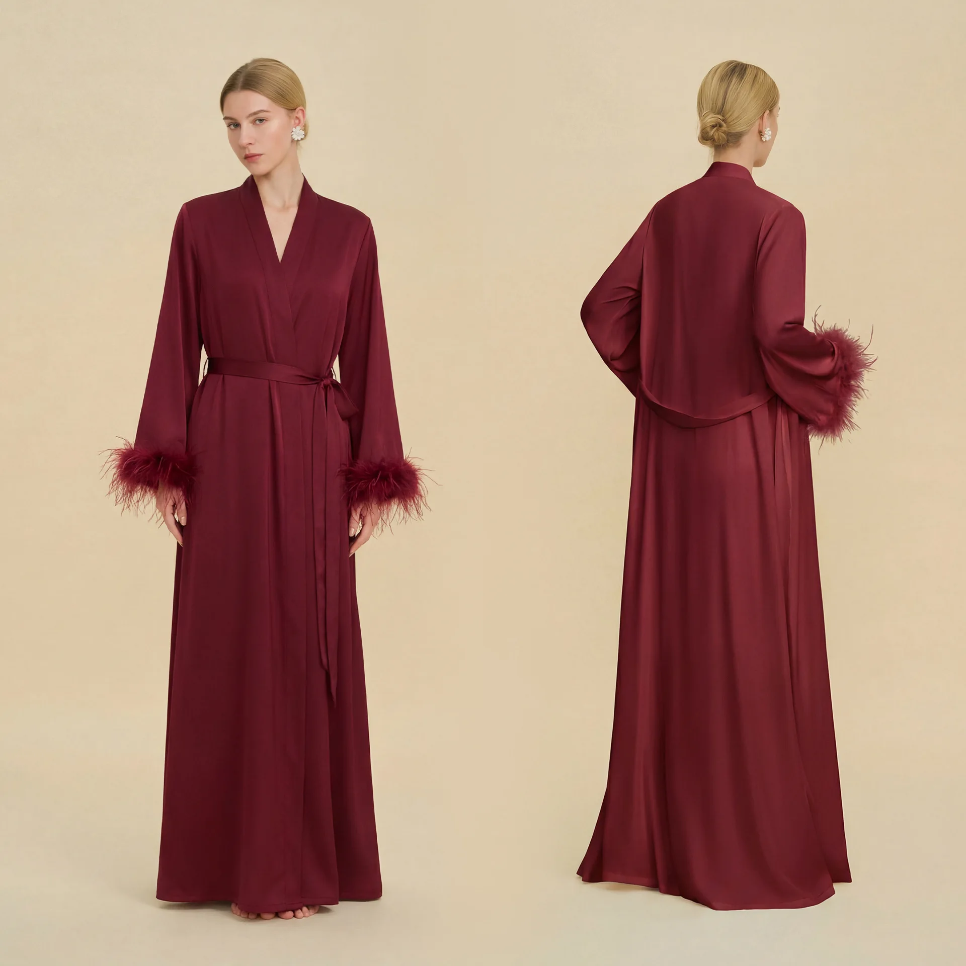 

Роскошный длинный халат-платье с перьями, элегантная ночная сорочка для невесты и подружек невесты, домашняя одежда, шелковое атласное белье, халат для сна