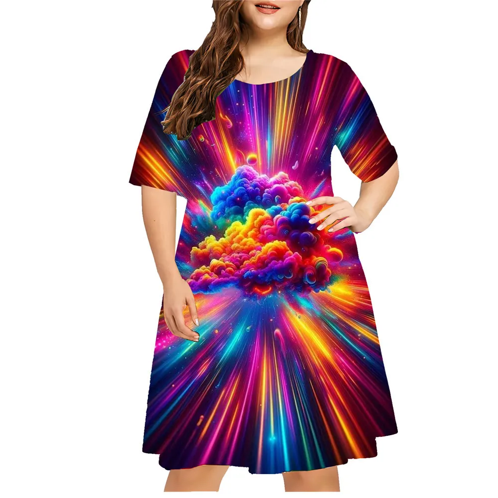 Dreamy Cloud Tie Dye Gradient Dress Women Sweet 3D Print Short Sleeve Loose Oversized Dress Casual Summer Plus Size Clothing 9XL