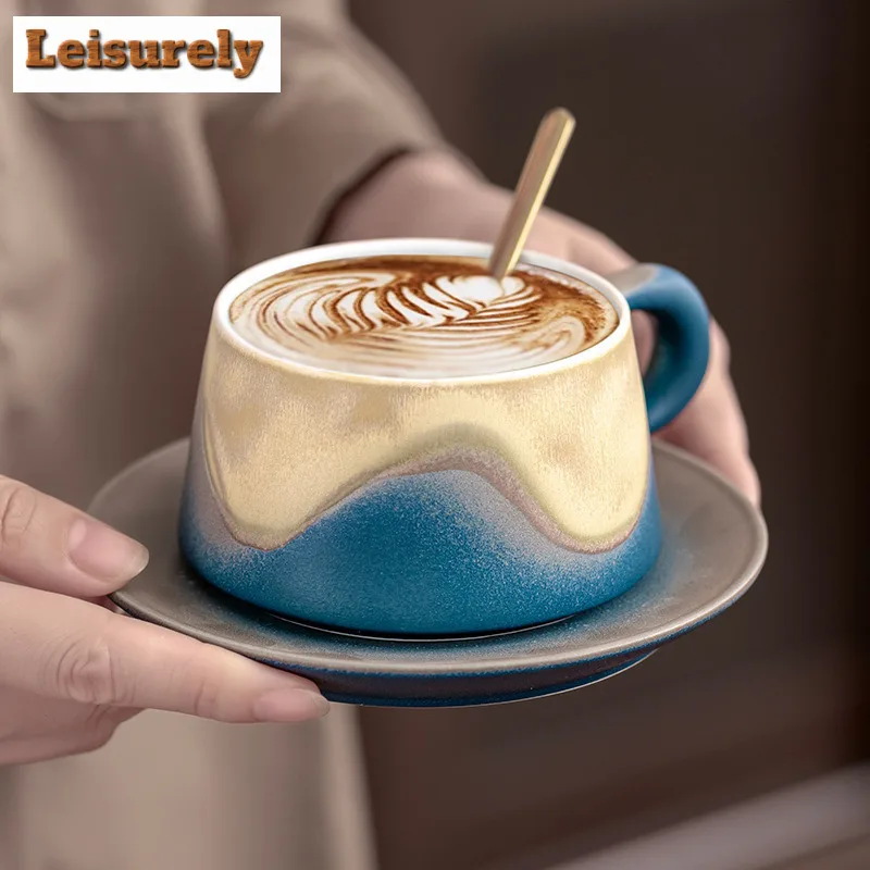 240ml Gradual Change Color Hills Coffee Mug with Plate Elegant Beer Cup Afternoon Tea Mug Cup Saucer Kit Drinkware Decoration