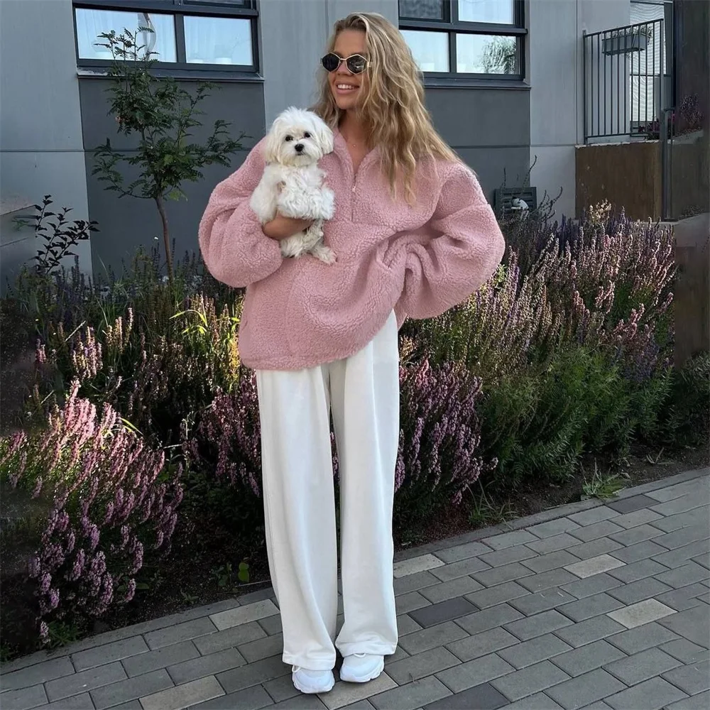 2024 new Stand Collar Half-Zipper Pullover women Loose causal Streetwear Winter Warm Sweatshirt Long Sleeve Furry Pullover