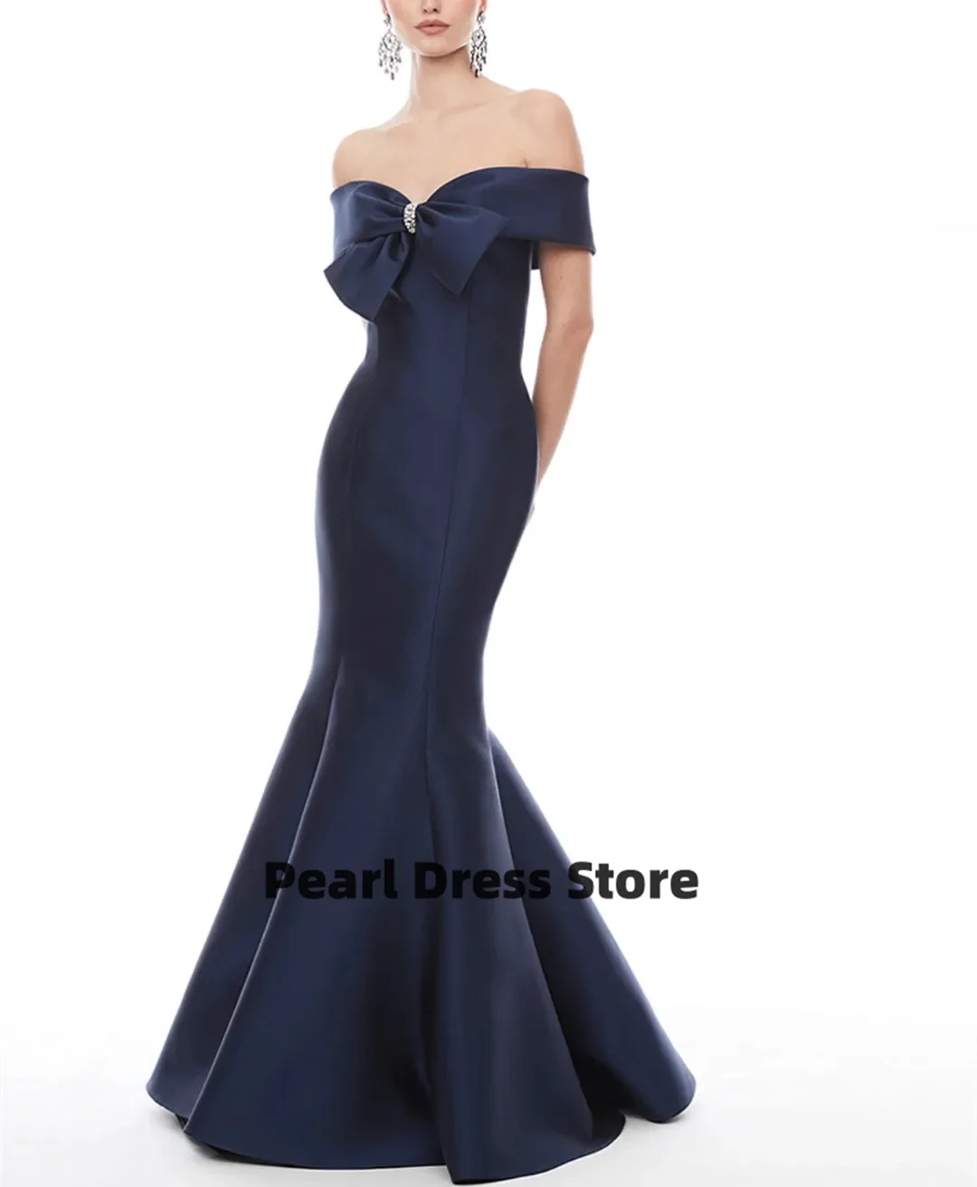 

Elegant Long Deep Sea Army Blue Satin Evening Dress Women's Mermaid Off Shoulder Huatuo Train Ball Dress Women's Evening Dress