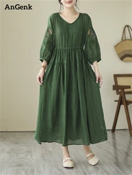 Summer Vintage Solid Color Dresses For Women 2026 Casual Long Fashion Breathable Dress Femme Robe Office Lady Elegant Clothing